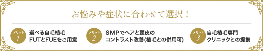 お悩みや症状に合わせて選択! メリット1 選べる自毛植毛FUTとFUFをご用意 メリット2 SMPでヘアと頭皮のコントラスト改善(植毛との併用可) メリット3 自毛植毛専門クリニックとの提携